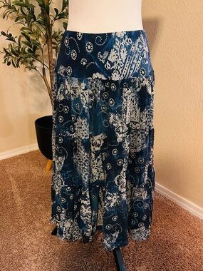 Ralph Lauren Navy Blue/White Paisley Silk Maxi Skirt Layered
